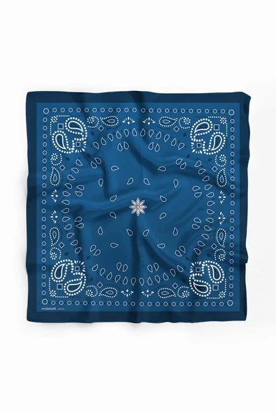 E15 Kadın Beyaz Mavi Etnik Desenli 50x50 Bandana - Resim 2
