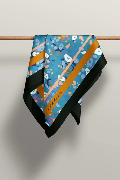 B112 Kadın Mavi Game Desenli 50x50 Bandana - Resim 6