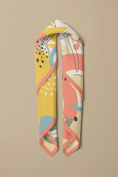 %100 İpek Geometrik Desenli Kadın Bandana - Resim 5