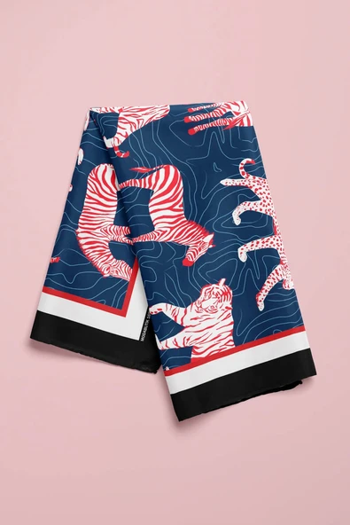 H50 Kadın Mavi Kırmızı Animal Desenli 50x50 Bandana HYL DG01695-22 - Resim 4