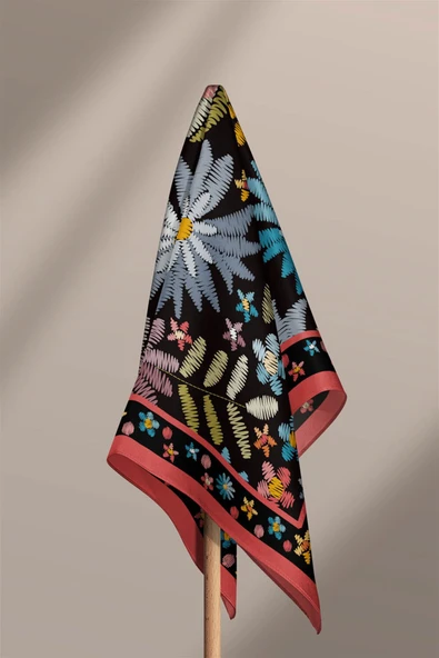 %100 İpek Nakış Çiçek Desenli Kadın Bandana - Resim 6