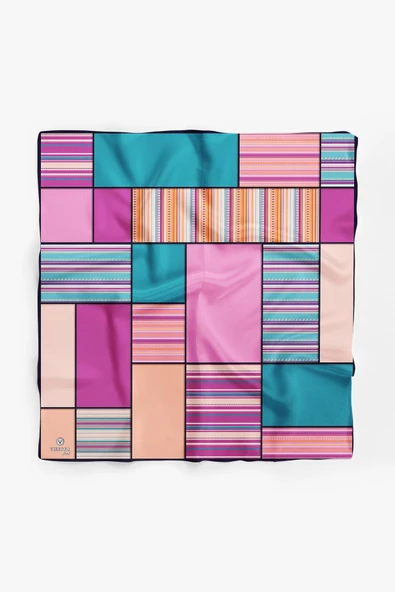%100 İpek Kadın Geometrik Desenli Bandana 80x80 - Resim 2