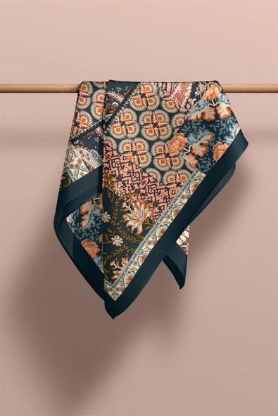 Z41 Modabutik Şal Desenli Mavi Somon Renkli Fular - Resim 3