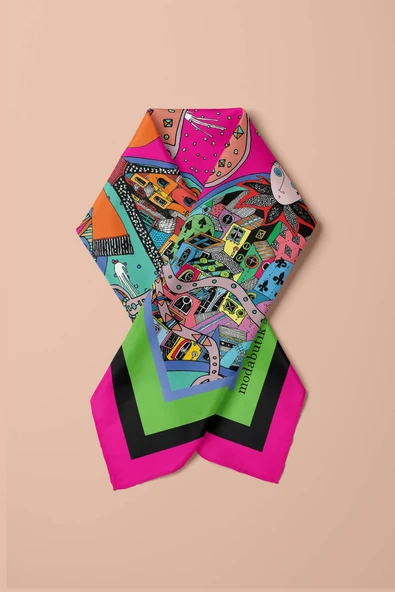 E49 Kadın Pembe Minyatür Desenli 50x50 Bandana - Resim 3