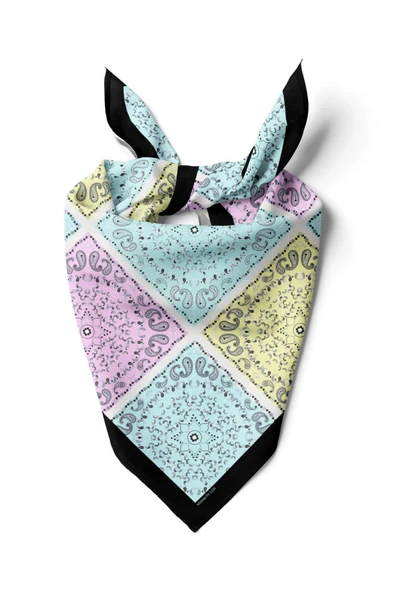 Y33 Kadın Sarı Turkuaz Kareli Desenli 50x50 Bandana HYL DG01226-22 ürün görseli 1