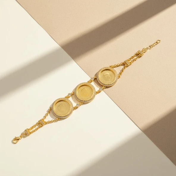 Altın Kaplama İmitasyon Zirkon Taşlı Üçlü Yarım Altınlı Bileklik BLK-1211 - Resim 4