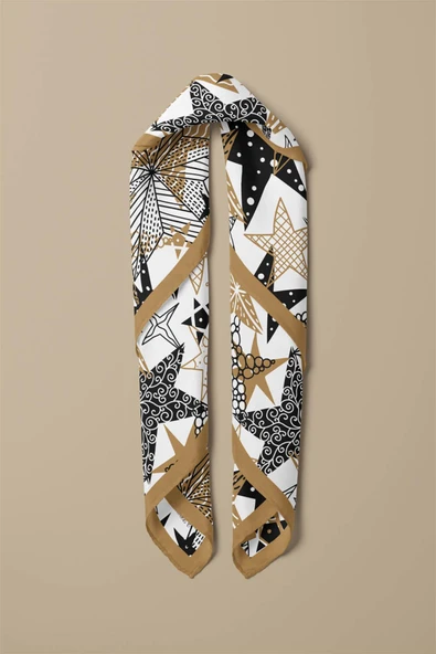 %100 İpek Yıldız Desenli Kadın Bandana - Resim 3