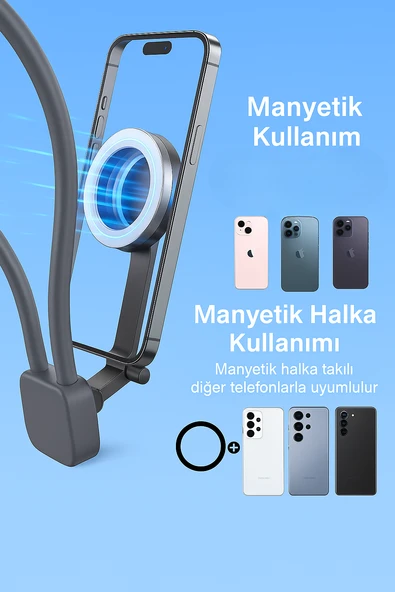 360 Ayarlanabilir Boyun Askılı Manyetik Telefon Tutucu Handsfree Video İzleme Oyun Standı  Esnek, Hafif, Tüm Telefonlarla Uyumlu - Resim 3