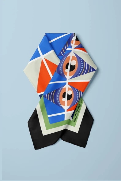 C104 Kadın Mavi Turuncu Göz Desenli 50x50 Bandana HYL DG1995-22 - Resim 3