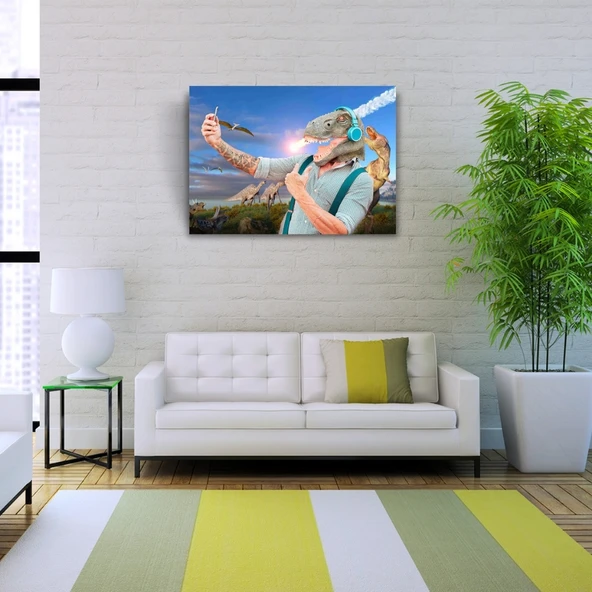 Mavi Tonlarda Dinazor Başlı Adam Resmi Kanvas Tablo 50 x 70 - Resim 2