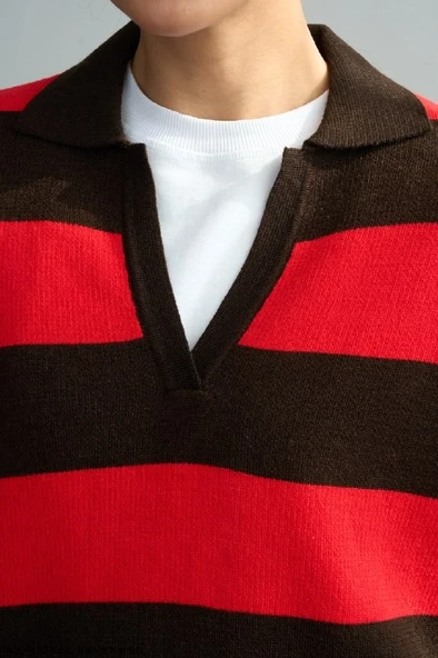 Polo Yaka Çizgili Triko Kazak - Resim 2