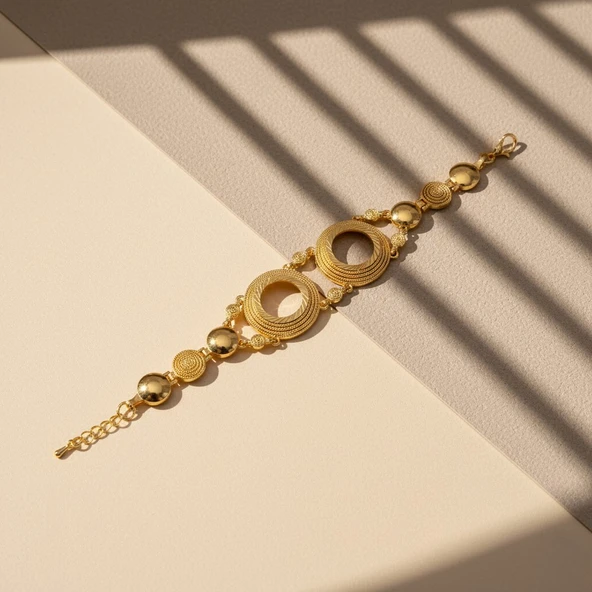 Altın Kaplama İmitasyon Desenli İki Çeyrek Çerçeveli  Bileklik BLK-1208 - Resim 4