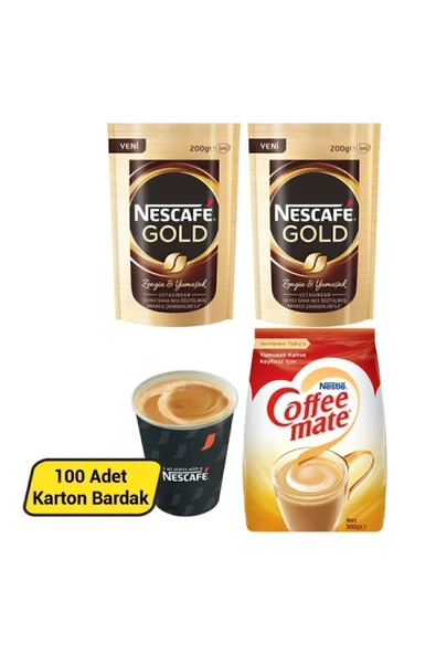 Nescafe Gold Hazır Kahve 200 Gr X 2 Adet + Coffee Mate 500 Gr + 7 Oz Karton Bardak 100'lü ürün görseli 1
