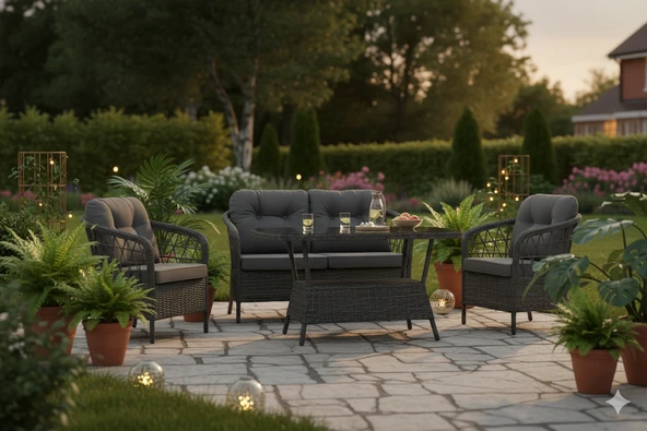 LİV Concept Liv Palmiye Lüks Rattan Bahçe Oturma Grubu, 4 Kişilik Antrasit Gri Polipropilen Balkon Seti, Montajsız, Minderli - Resim 3