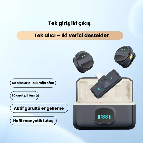 2.4G Kablosuz Mikrofon Seti  Tek Alıcı Çift Verici  Aktif Gürültü Engelleme, 20 Saat Kullanım, Manyetik Klipsli Yaka Mikrofonu - Resim 7