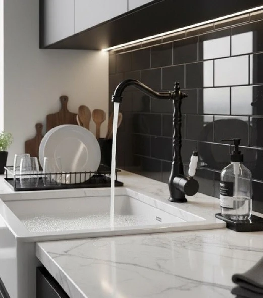 RUSTİK MAT SİYAH MUTFAK EVYE BATARYASI OTANTİK OSMANLI PRİNÇ GÖVDE VİNTAGE TASARIM ÇANAK LAVABO - Resim 2