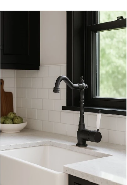 RUSTİK MAT SİYAH MUTFAK EVYE BATARYASI OTANTİK OSMANLI PRİNÇ GÖVDE VİNTAGE TASARIM ÇANAK LAVABO - Resim 6