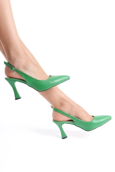 Yeşil Cilt Sivri Burunlu Arka Açık Kadeh Ökçe 9 cm - Resim 2