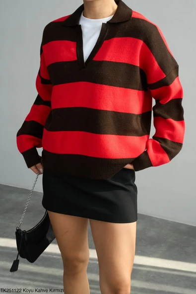 Polo Yaka Çizgili Triko Kazak ürün görseli 1