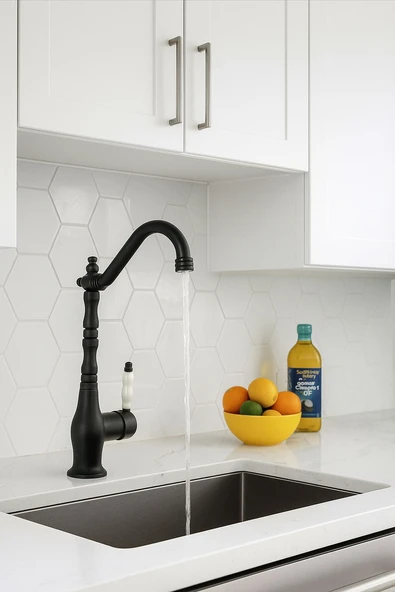 RUSTİK MAT SİYAH MUTFAK EVYE BATARYASI OTANTİK OSMANLI PRİNÇ GÖVDE VİNTAGE TASARIM ÇANAK LAVABO - Resim 5