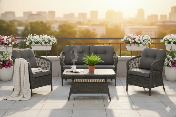 LİV Concept Liv Palmiye Lüks Rattan Bahçe Oturma Grubu, 4 Kişilik Antrasit Gri Polipropilen Balkon Seti, Montajsız, Minderli - Resim 2