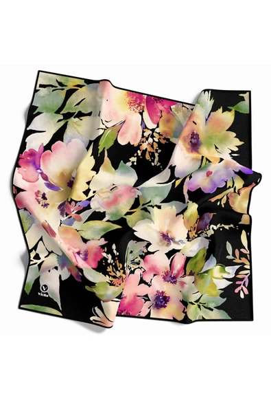 Kristal Büyük Çiçek Desenli Siyah Renkli 90x90 Eşarp (İpek İçermez) Kenar Dikiş Şekli El Dikişli ürün görseli