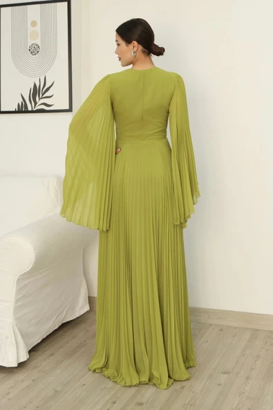 Kruvaze Yaka Yarasa Kol Pliseli Abiye Elbise 2235-Fıstık Yeşili - Resim 6