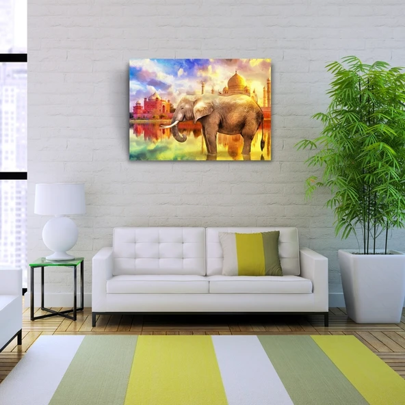 Fil ve  Arkada Geleneksel Hint Yapıları Kanvas Tablo 50 x 70 - Resim 2