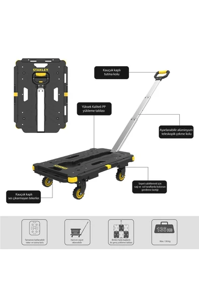 Stanley PC532 137kg 62x45cm Dört Tekerli Çekme Kollu Yük ve Paket Taşıma Arabası - Resim 6