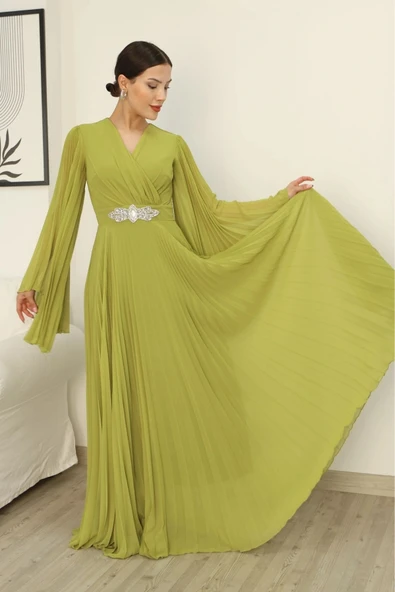 Kruvaze Yaka Yarasa Kol Pliseli Abiye Elbise 2235-Fıstık Yeşili - Resim 5