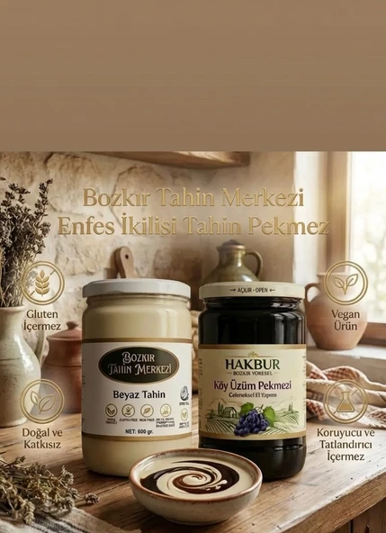 Bozkır Tahin Merkezi Enfes İkili Beyaz Tahin 600 gr - Köy Üzüm Pekmezi 800 gr (doğal&katkısız) ürün görseli 1