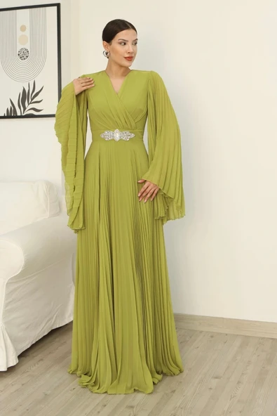 Kruvaze Yaka Yarasa Kol Pliseli Abiye Elbise 2235-Fıstık Yeşili ürün görseli