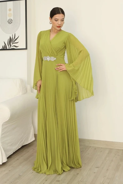 Kruvaze Yaka Yarasa Kol Pliseli Abiye Elbise 2235-Fıstık Yeşili - Resim 2