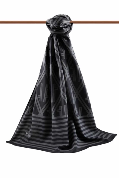 LÜKS MEDİNE MONOGRAM DESENLİ SİYAH - GRİ RENKLİ 75X195 KIRIŞMAZ ŞAL MOSS KREP DİKİŞ TİPİ İTALYAN DİKİŞLİ - Resim 2