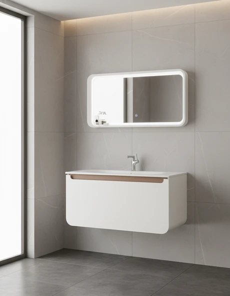 Pion 120 Cm Lavabo Dolabı Beyaz Cappucino ve Led Ayna - Resim 3