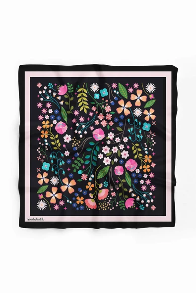 Kadın Siyah Pembe Çiçek Desenli 50x50 Bandana HYL DG01696-22 - Resim 2