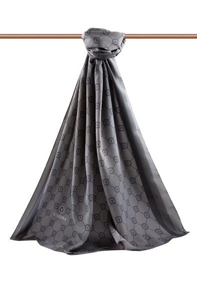 LÜKS MEDİNE İPEĞİ MONOGRAM DESENLİ FÜME RENKLİ 75X195 KIRIŞMAZ ŞAL MOSS KREP DİKİŞ TİPİ İTALYAN DİKİŞLİ - Resim 2