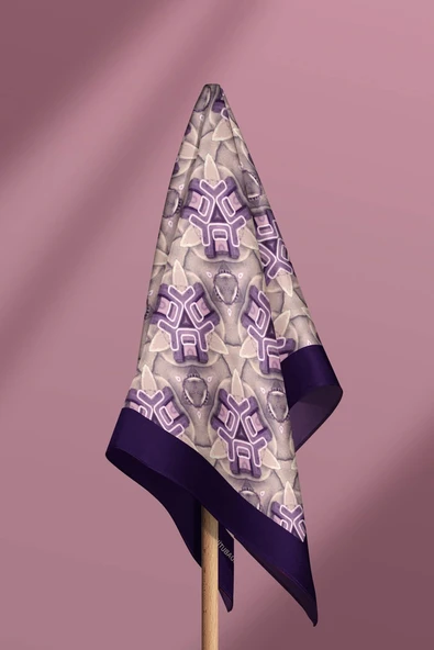 D52 Kadın Geometric Desenli Bandana 50x50 Mor DG0240-22 - Resim 6