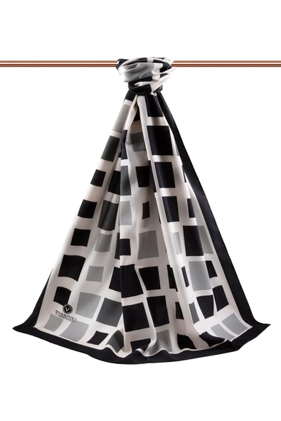 LÜKS MEDİNE İPEĞİ KARE DESENLİ SİYAH RENKLİ 75X195 KIRIŞMAZ ŞAL MOSS KREP DİKİŞ TİPİ İTALYAN DİKİŞLİ - Resim 2