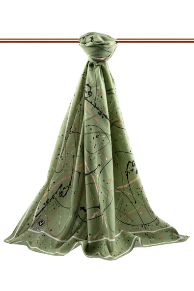 LÜKS MEDİNE İPEĞİ BOYA DAMLASI DESENLi HAKİ RENKLİ 75X195 KIRIŞMAZ ŞAL MOSS KREP DİKİŞ TİPİ İTALYAN DİKİŞLİ - Resim 2