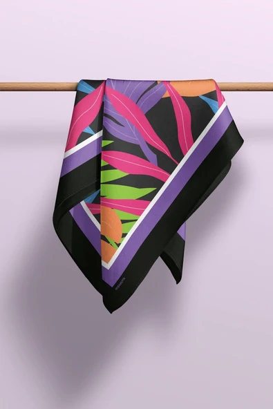 C78 Kadın Mavi Yaprak Desenli 50x50 Bandana HYL DG01692-22 - Resim 6