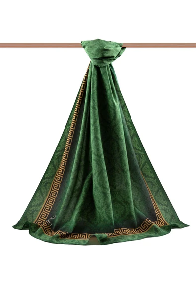 LÜKS MEDİNE İPEĞİ GOLD DETAYLI BAROK DESENLİ ZÜMRÜT YEŞİLİ RENKLİ 75X195 KIRIŞMAZ ŞAL MOSS KREP DİKİŞ TİPİ İTALYAN DİKİŞLİ - Resim 2