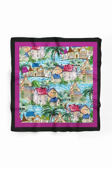 D61 Kadın Mor Açık Mavi Casa Desenli 50x50 Bandana HYL DG01150-22 - Resim 2