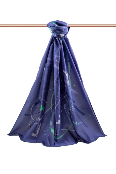 LÜKS MEDİNE İPEĞİ BOYA DAMLASI DESENLİ İNDİGO RENKLİ 75X195 KIRIŞMAZ ŞAL MOSS KREP DİKİŞ TİPİ İTALYAN DİKİŞLİ - Resim 2