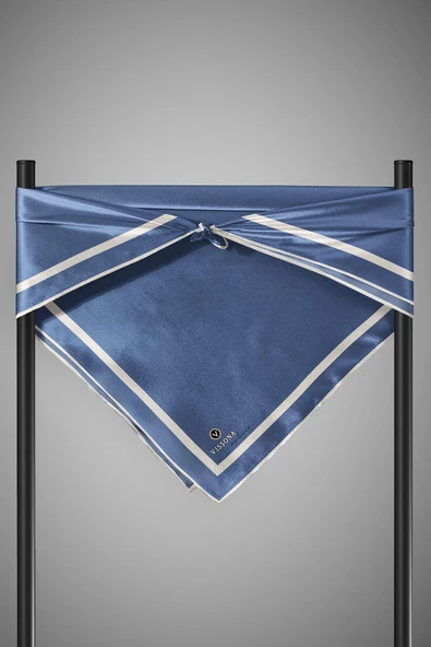 100% Twill İpek Düz Renk Bordür Desenli İndigo - Krem Renkli Daha Tok Exclusive Serisi 90x90 Dikim Şekli : El Dikişi Eşarp - Resim 6