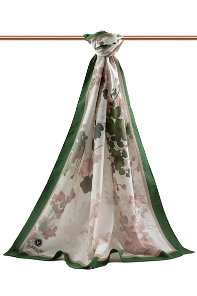 LÜKS MEDİNE İPEĞİ ÇİÇEK DESENLİ ZÜMRÜT YEŞİLİ RENKLİ 75X195 KIRIŞMAZ ŞAL MOSS KREP DİKİŞ TİPİ İTALYAN DİKİŞLİ - Resim 2