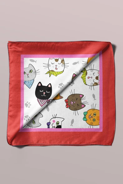 A59 Kadın Kedi Desenli Bandana 50x50 Kırmızı DG0191-22 Snz - Resim 3