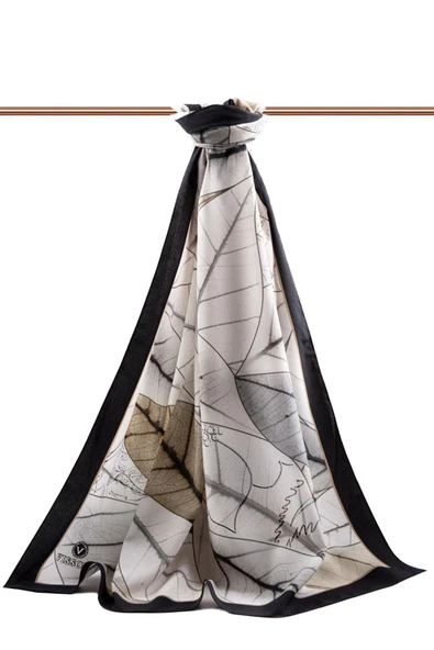 LÜKS MEDİNE İPEĞİ YAPRAK DESENLİ BEJ RENKLİ 75X195 KIRIŞMAZ ŞAL MOSS KREP DİKİŞ TİPİ İTALYAN DİKİŞLİ - Resim 2