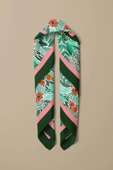 A44 Kadın Yeşil Greenery Desenli 50x50 Bandana HYL DG0720-22 - Resim 3