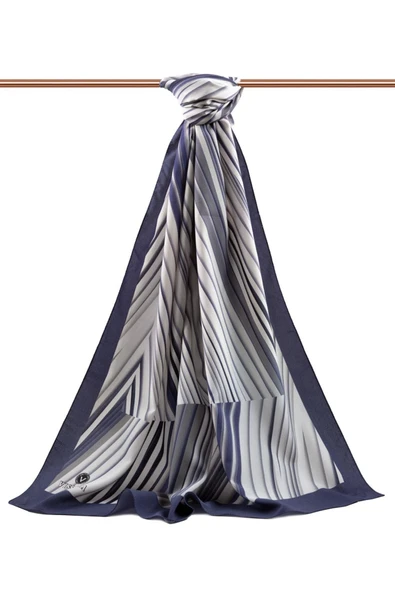 LÜKS MEDİNE İPEĞİ ÇİZGİLİ DESENLİ İNDİGO RENKLİ 75X195 KIRIŞMAZ ŞAL MOSS KREP DİKİŞ TİPİ İTALYAN DİKİŞLİ - Resim 2